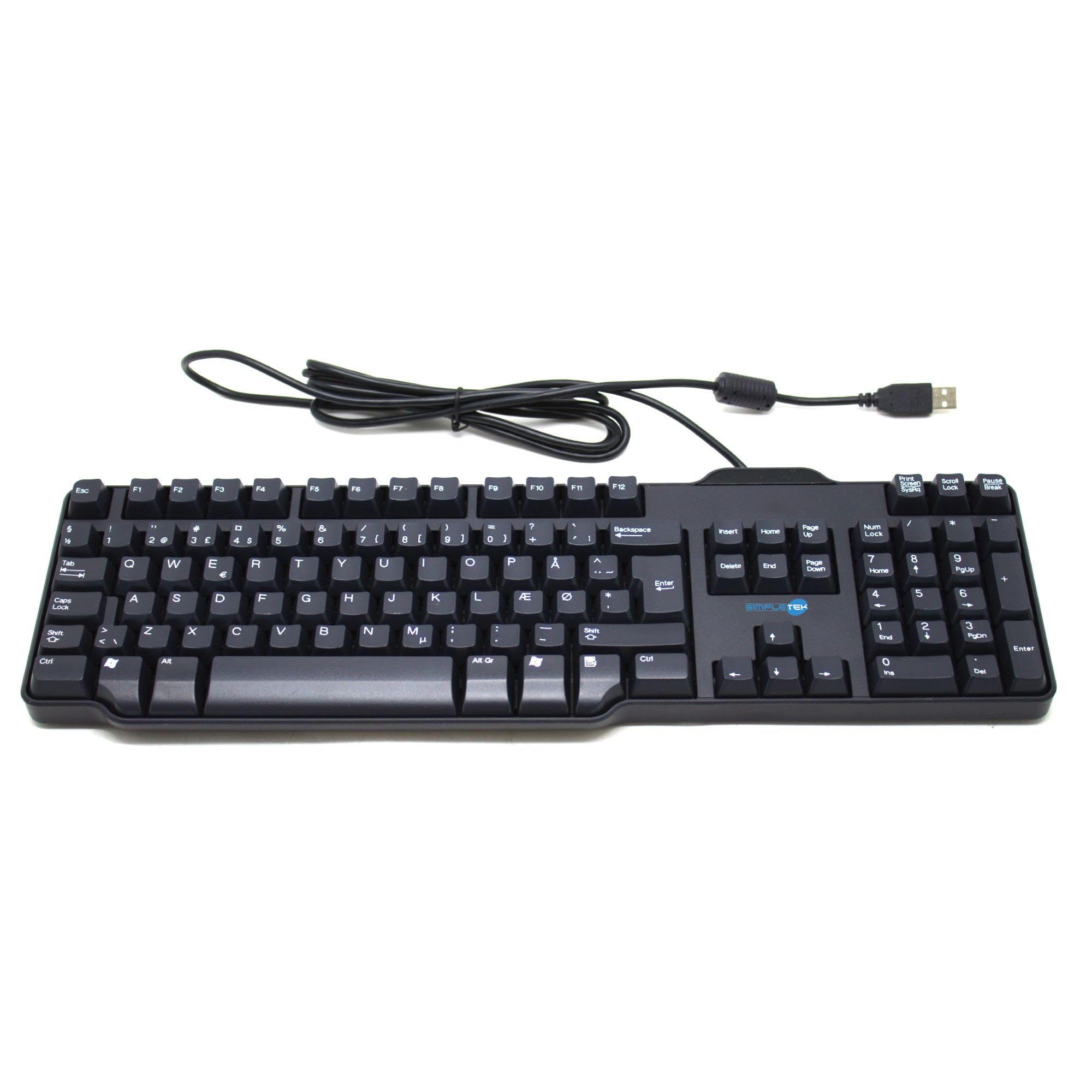 SIMPLETEK - Tastiera USB QWERTY Nordico DK NO SE FI Ergonomica Nera per PC | Tastiera USB cablata con layout QWERTY nordico per Danimarca, Norvegia, Svezia e Finlandia, struttura ergonomica e nera