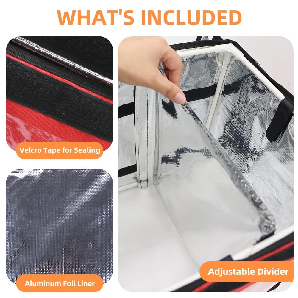Isolierte Lebensmittel-Liefertaschen, XL, 46 x 35,1 x 35,1 cm, kommerzielle Lebensmittel-Liefertaschen, Bodenplatte und Trennwand und Stabiler Rahmen, wasserdicht und faltbar, heiß und kalt