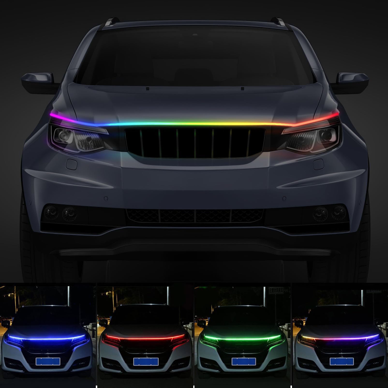 Tira de Luces LED Rgb para Capó de Coche 180cm de Silicona | Control por Aplicación, Color Cambiante, para Conducción Nocturna, Instalación Sencilla