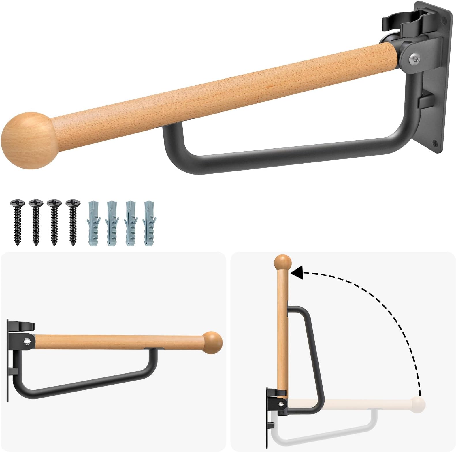 Dolibest 24 Inch Toilet Safety Bar, Foldable Toilet Grab Bar, Wall Mounted Wooden Handicap Grab Bar for Bathroom. Non-Slip and Waterproof Comfty Grip Bar for Disabled Elderly Pregnant, 1PCS