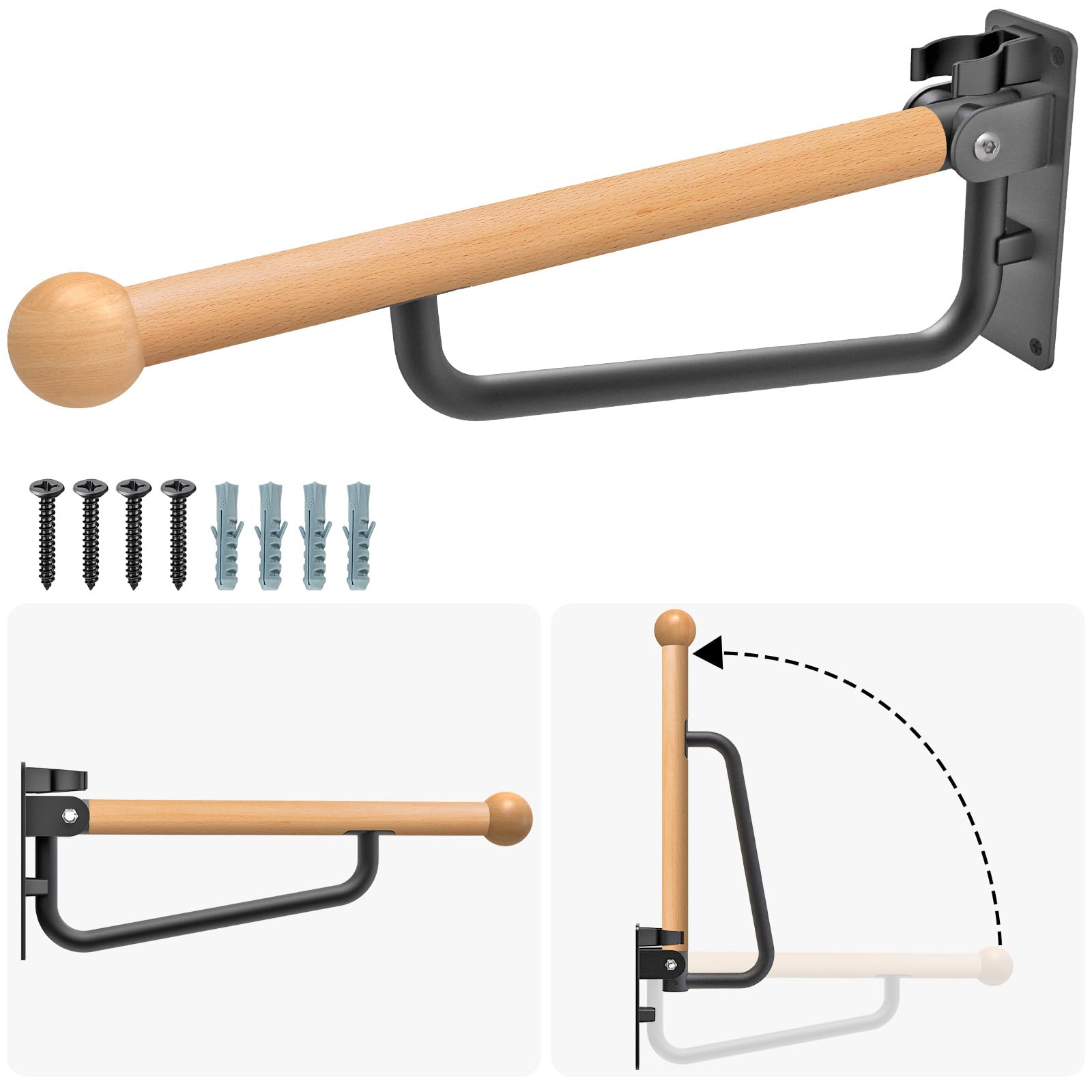 Dolibest Barandilla de Apoyo Plegable para Inodoro de 61cm Pasamanos de Seguridad para Personas Mayores Madera para Montaje en Pared con Brazo Apoyo Abatible para Baño, 1pcs