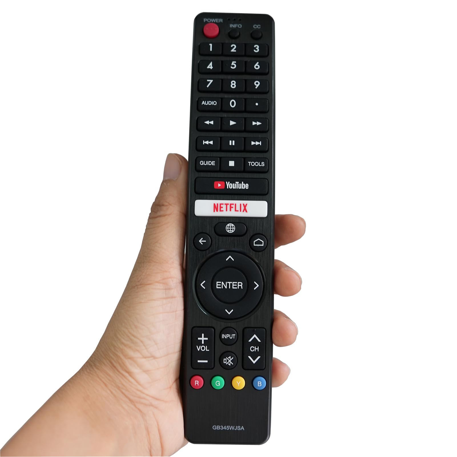 Front view of the Kassionel replacement remote control, showing all buttons and their labels.