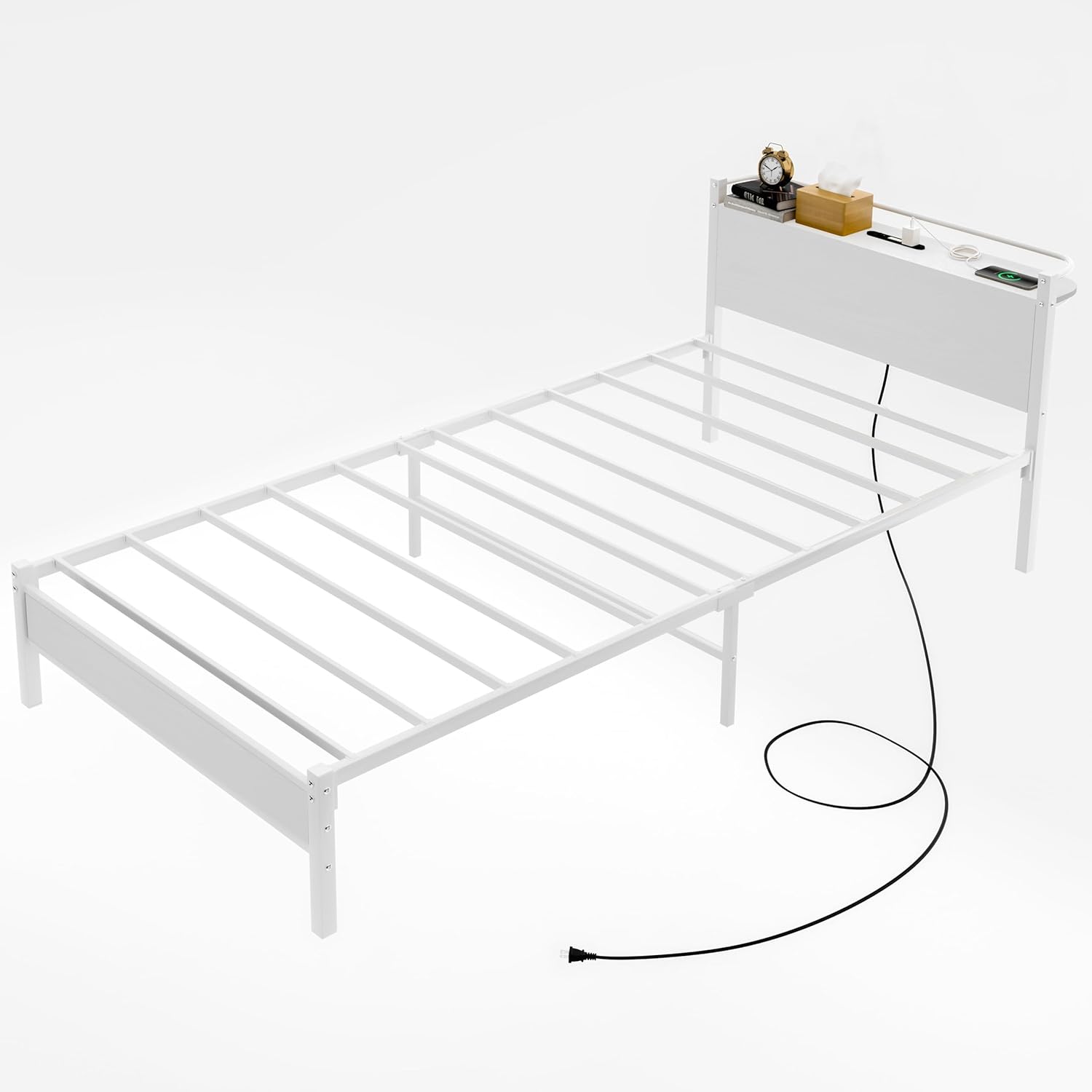 パイプベッド シングル、コンセント＋ライト付き 通気性 耐久性 静音