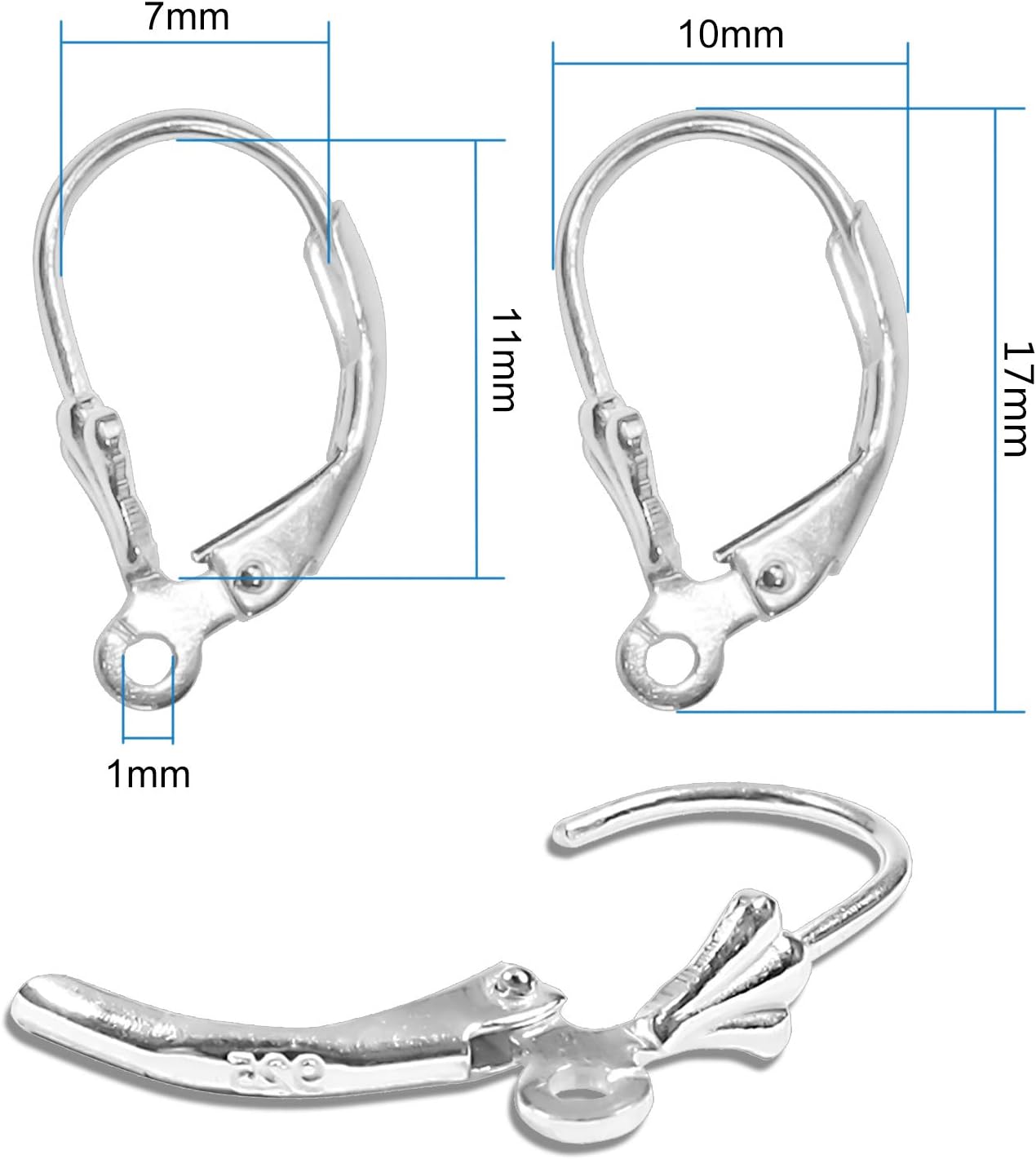 TOAOB 8pcs 925 Sterling Silver Leverback Earring Findings with Open Loop 10x17mm French Earring Hooks Dangle Ear Wire Clip Silver Connector for Jewelry Making