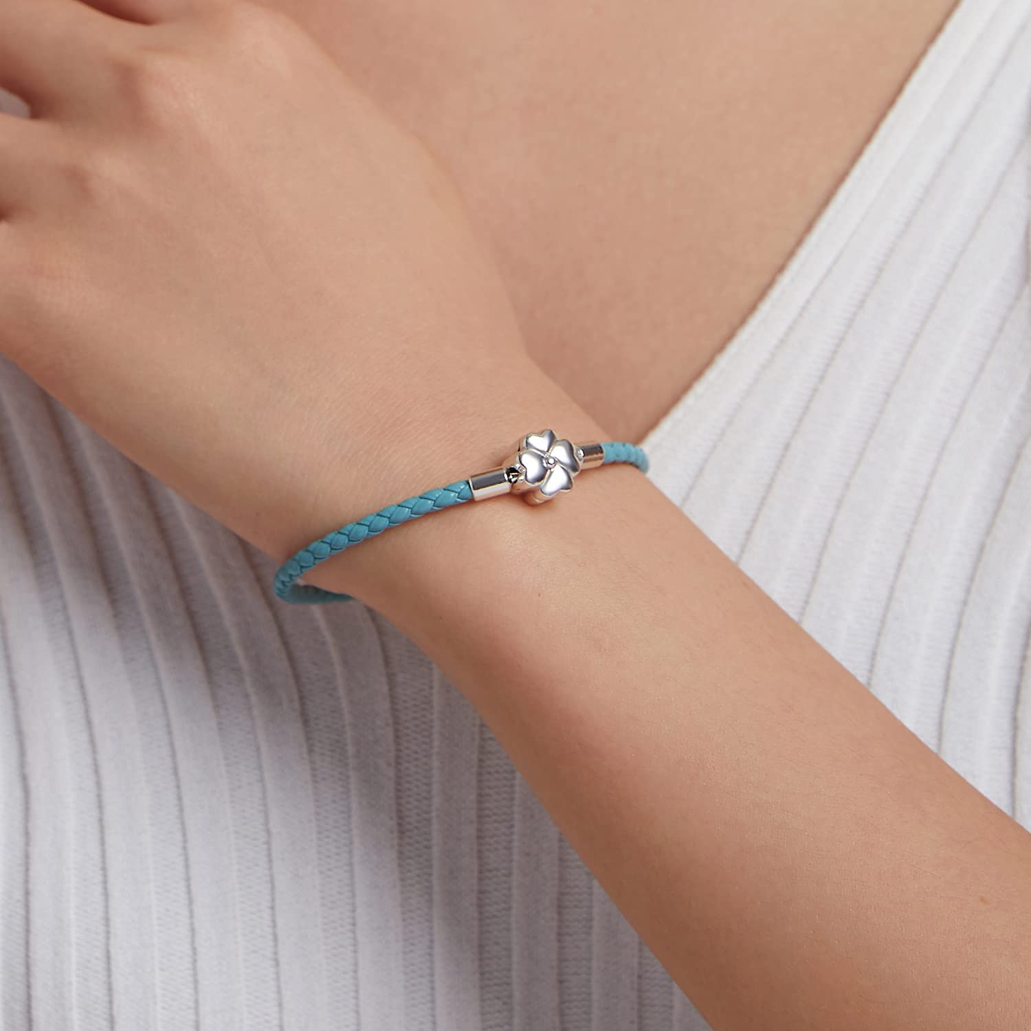Pulsera de Cuero para Hombres y Mujeres Plata de Ley Pulsera de Cuero Pulsera Brazalete Pulsera de Enclavamiento Abierto