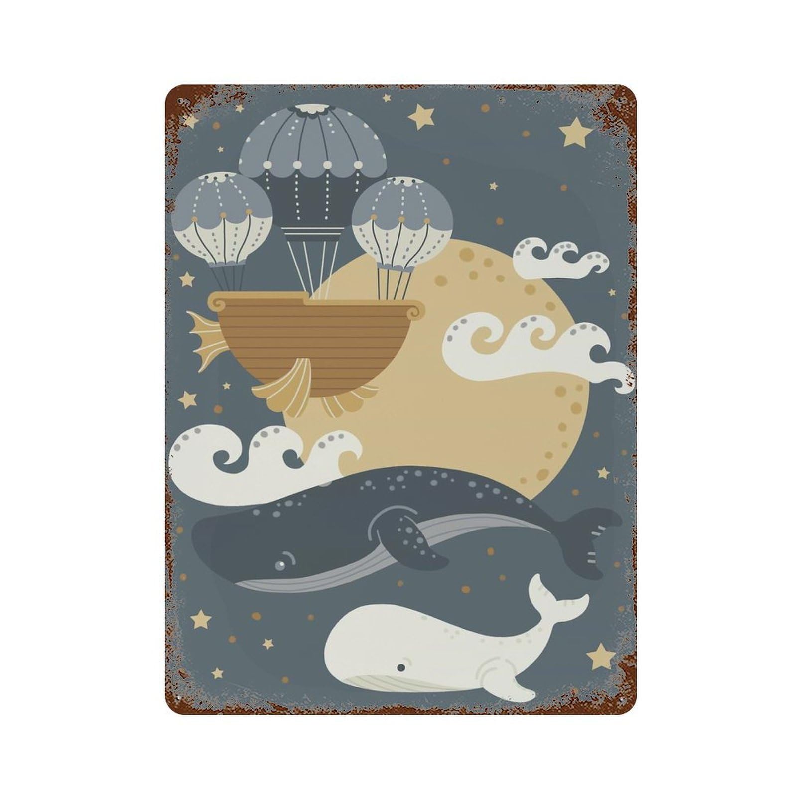 Rust Effect Night Whales Vintage Rust Metal Sign 15.7"x11.8", Farmhouse Wall Decor for Basement, Hobby Room And Garage Decor