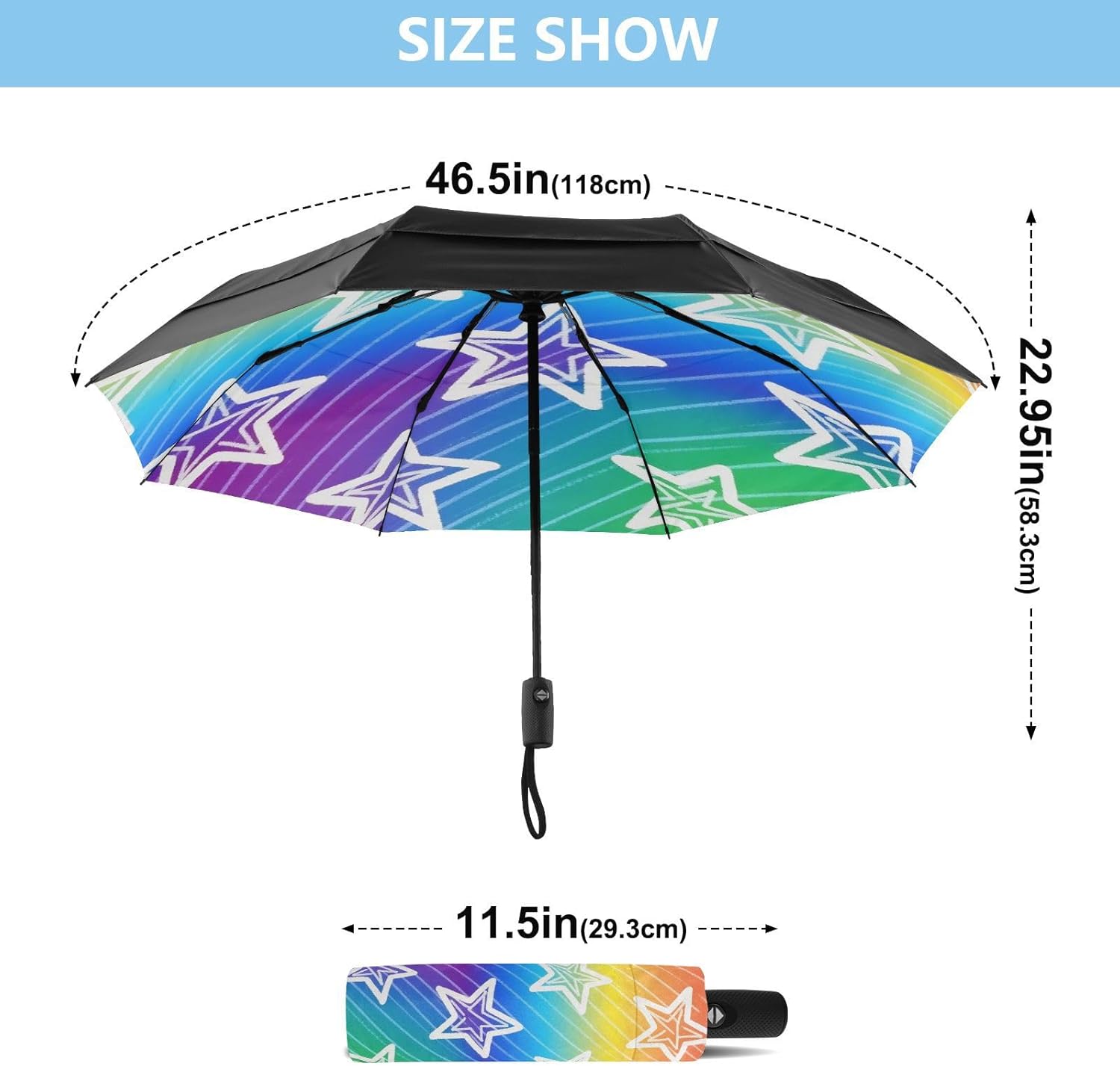 Colorful Stars Wind Proof Umbrella Compact Foldable Umbrellas for College Dorm Fits Backpack