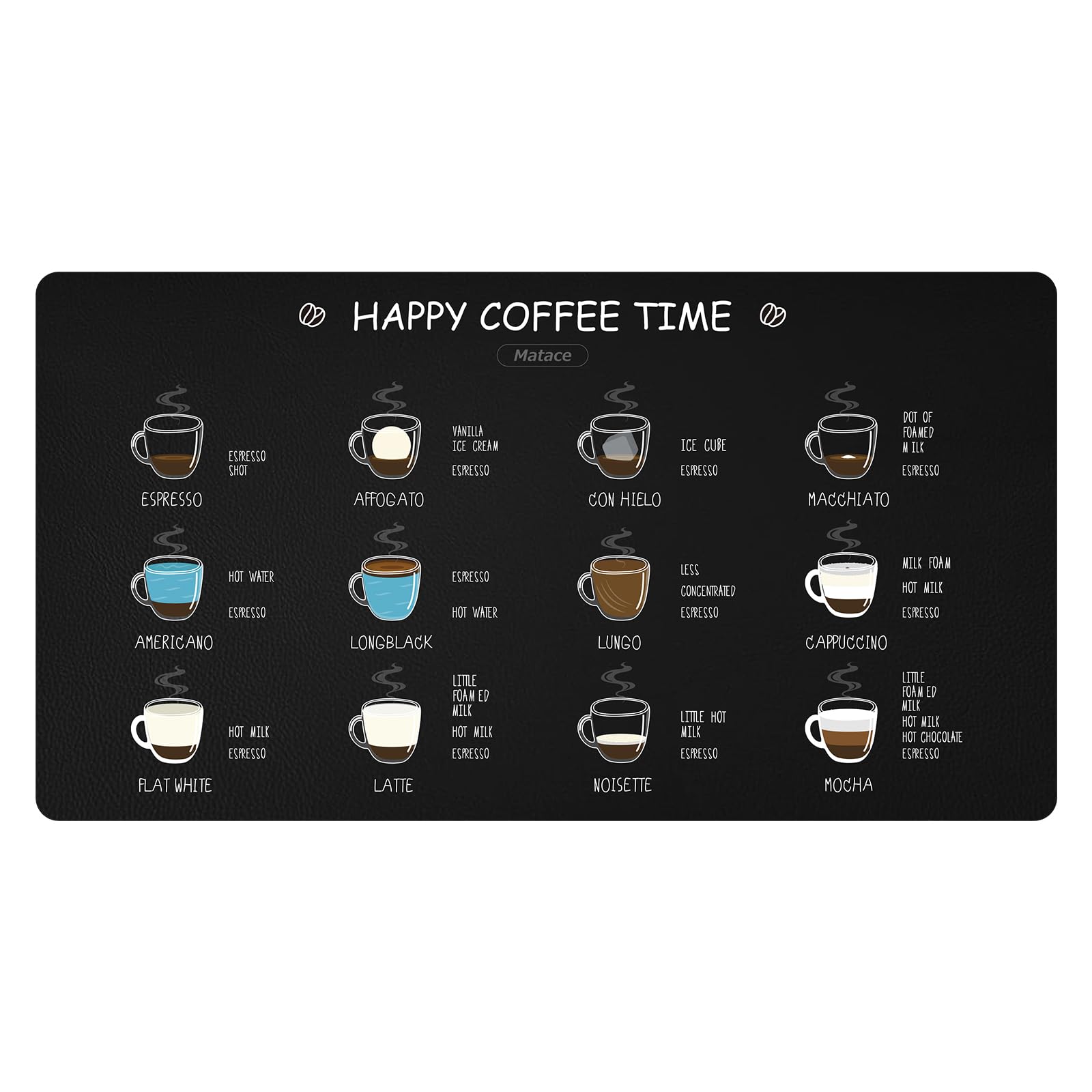 Matace Designer Coffee Bar Mat, Extra Large 17 x 31.5 Inches, Rubber Backing, Absorbent Coffee Maker Mats for Dish Drying, Kitchen Countertop, Coffee Flavor Menu, Black