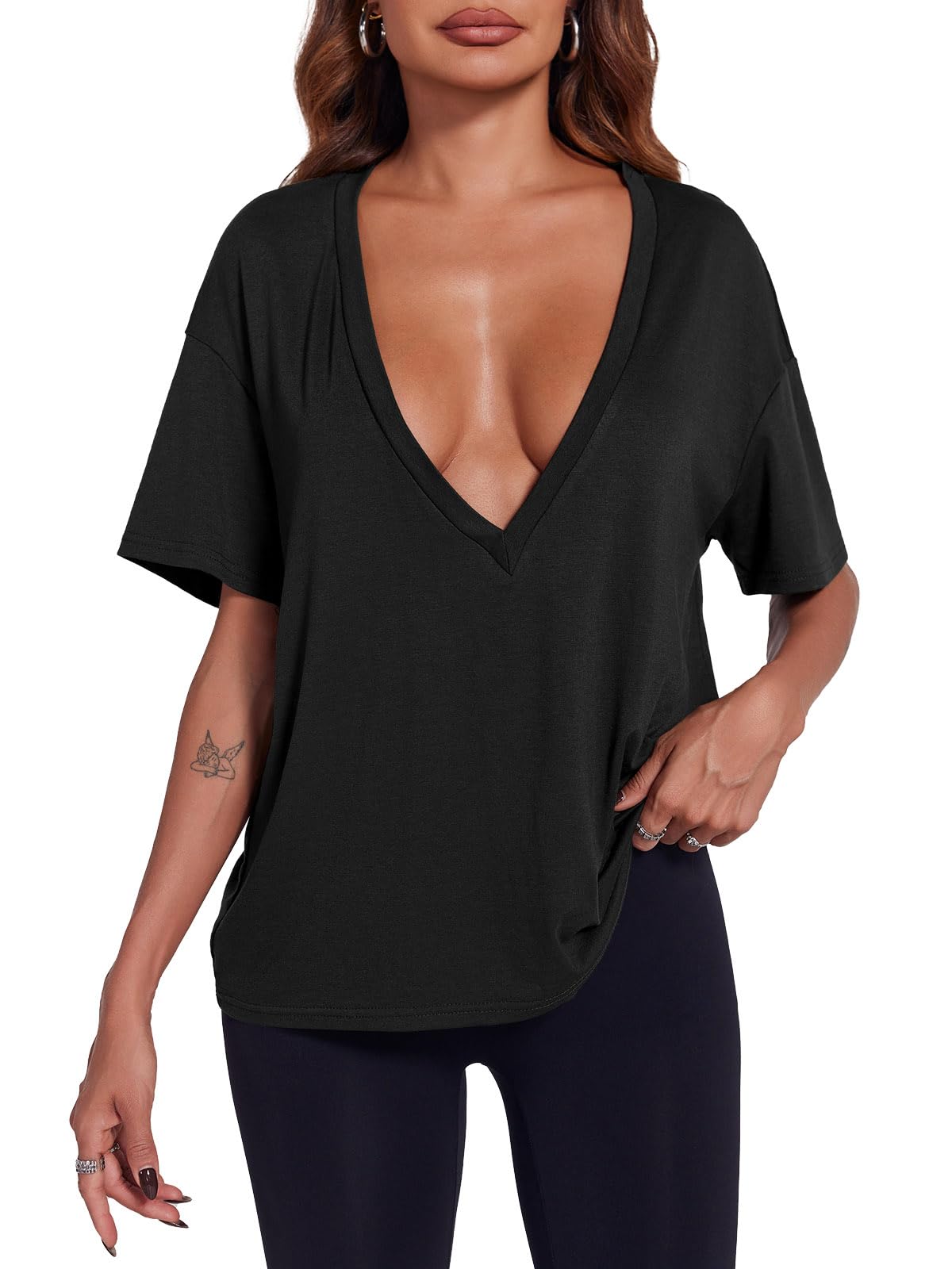 Tankaneo Womens Sexy Deep V Neck T-Shirts Summer Short Sleeve Tops Casual Loose Fit Basic Tees: Navy XX-Large