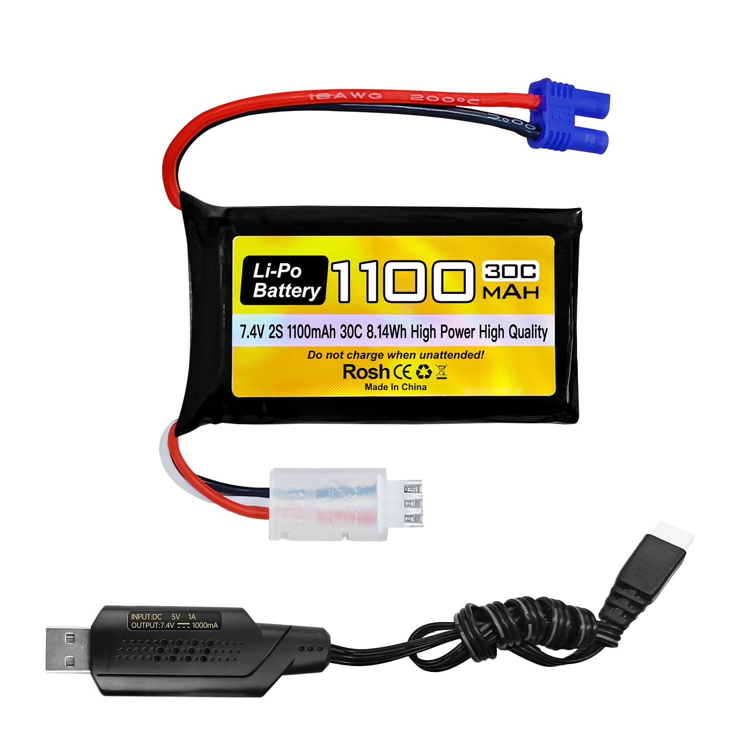 ZYGY 7.4V 1100mAh 2S EC2 Plug Lipo Battery with USB Charging Cable for UTB18 4WD Off-Road High Performance Climbing Car RC Car Battery