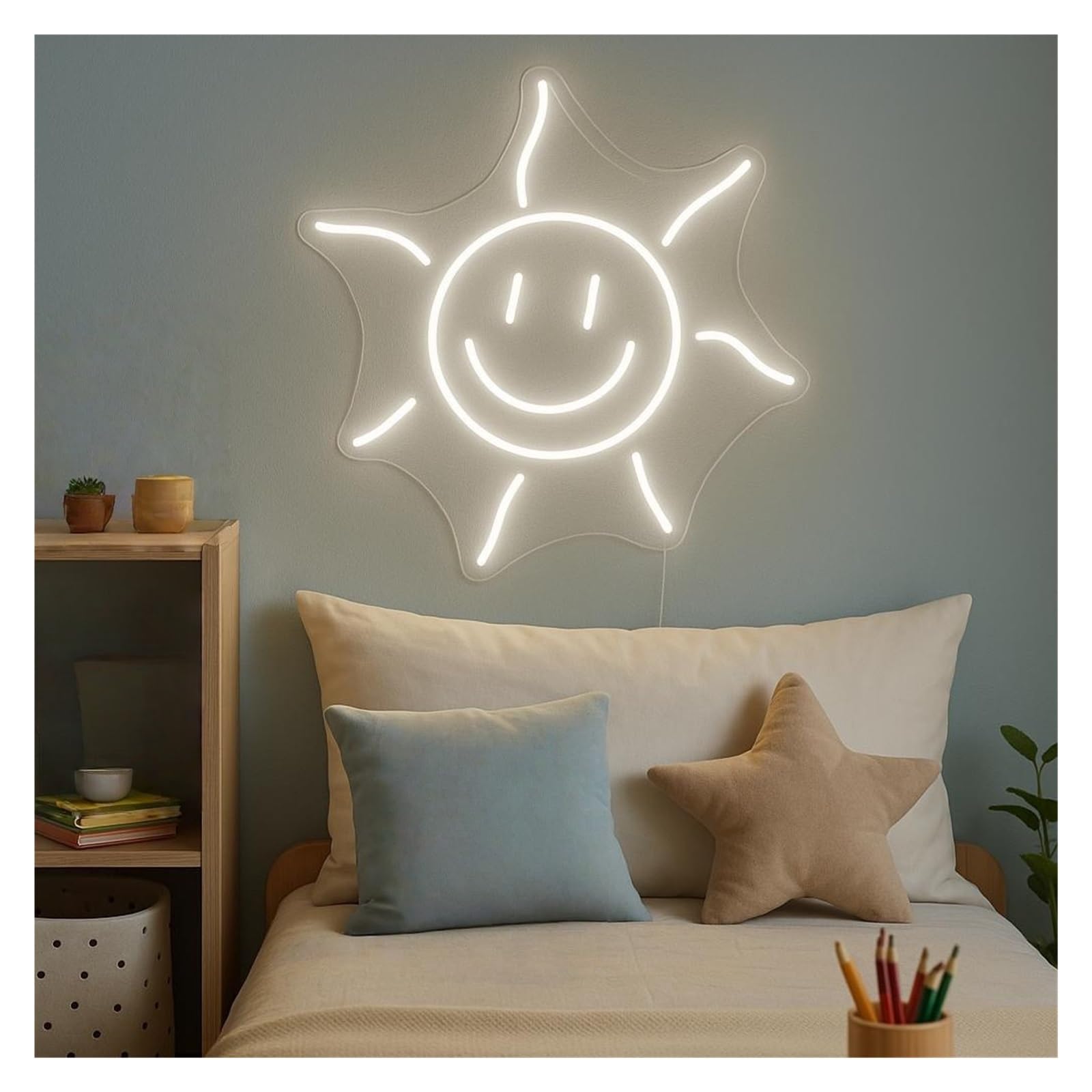 Shouxi C Sign Lamp Happy Sun Neon Sign, Suitable For Kids Room Wall Decor With Dimmable 38Cm