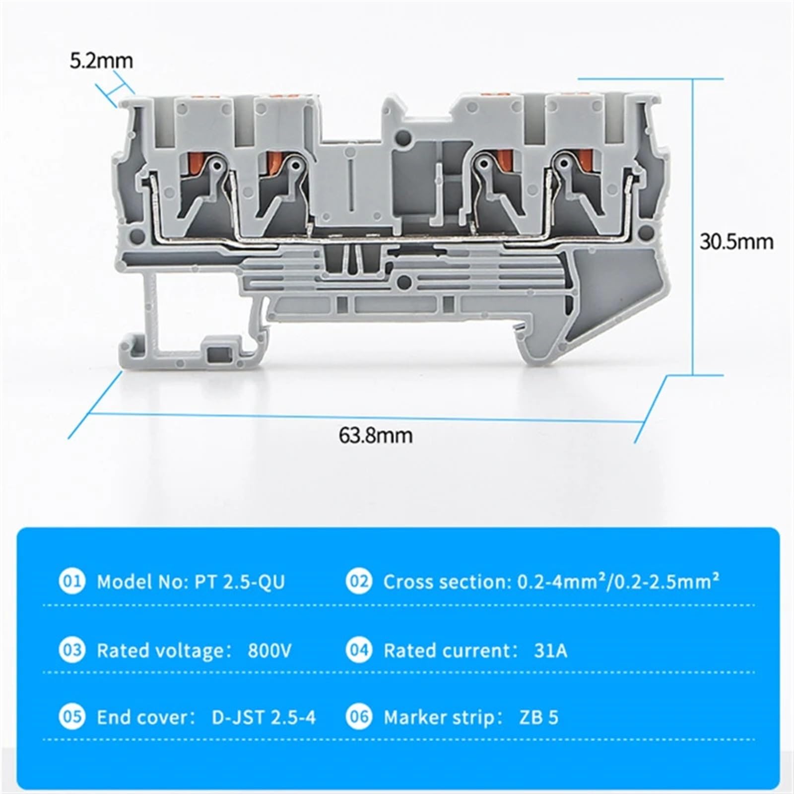 10 pièces bornier PT2.5-QUATTRO 4 conducteurs Din Rail fil électrique connexion à ressort conducteurs enfichables connecteur de fil(RED)