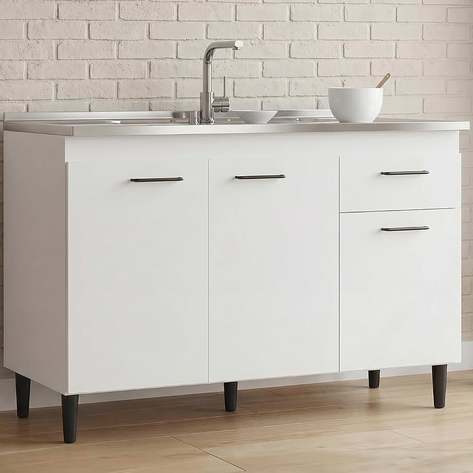 Balcão de Cozinha com Pia Inox 120cm Classic Z46 Branco - Mpozenato