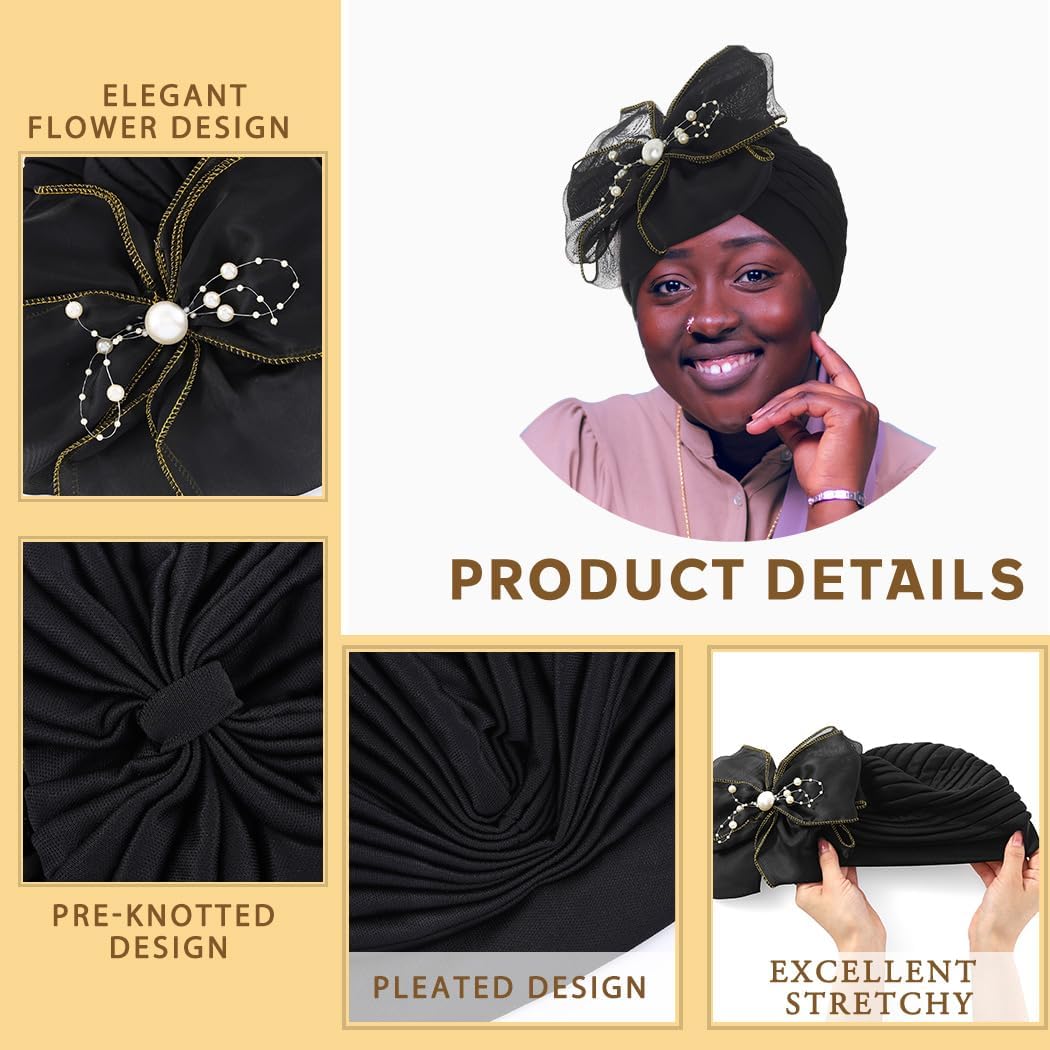 Bohend Big Flower Knotted Headwrap Cap Pearl Beads Pre Tied Turbans Beanie Bow Knot Bonnet Ruffle Stretch Headscarf Hat Women - Image 3