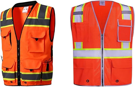 SKSAFETY 10/12 Pockets Safety Vest - Class 2 High Visibility Security with Zipper Double-sided mesh, Hi Vis Vest with Reflective Strips, ANSI/ISEA Standard, Construction Work Vest Orange
