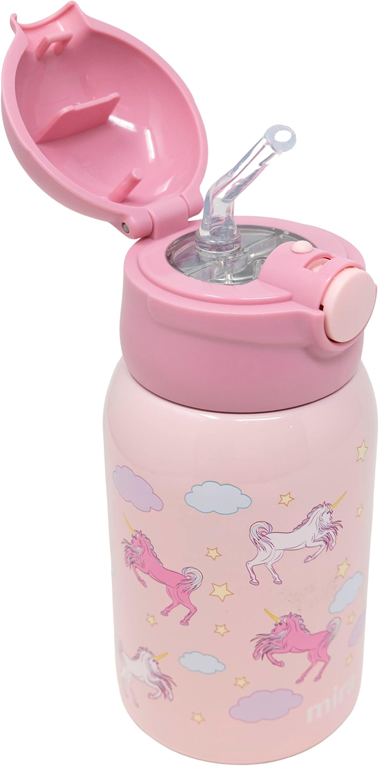 MIRA 15 oz Kids Stainless Steel Water Bottle - Thermo Insulated Flask Keeps Cold - One Touch Straw Lid Cap, Pink - Unicorn