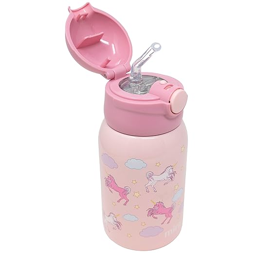 MIRA 15 oz Kids Stainless Steel Water Bottle - Thermos Insulated Flask Keeps Cold - One Touch Straw Lid Cap, Blue - Planets