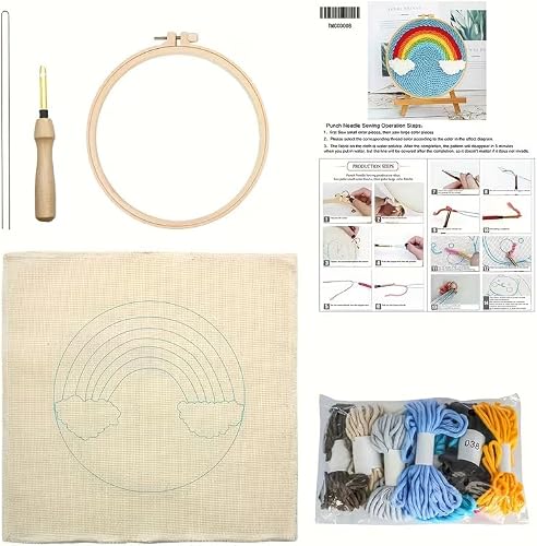 DIY Embroidery Kit, Rainbow Pattern, 20x20cm, Handmade Yarn Poking Set, Animal Landscape Design, Modern Minimalist Fabric, Decoration Gift