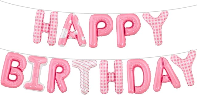 PartyWoo Happy Birthday Balloon Banner, 16 inch Pink Happy Birthday Sign, Mylar Foil Birthday Balloon, Inflatable Hanging Letter Kit for Pink Birthday Decor, Pink-9494