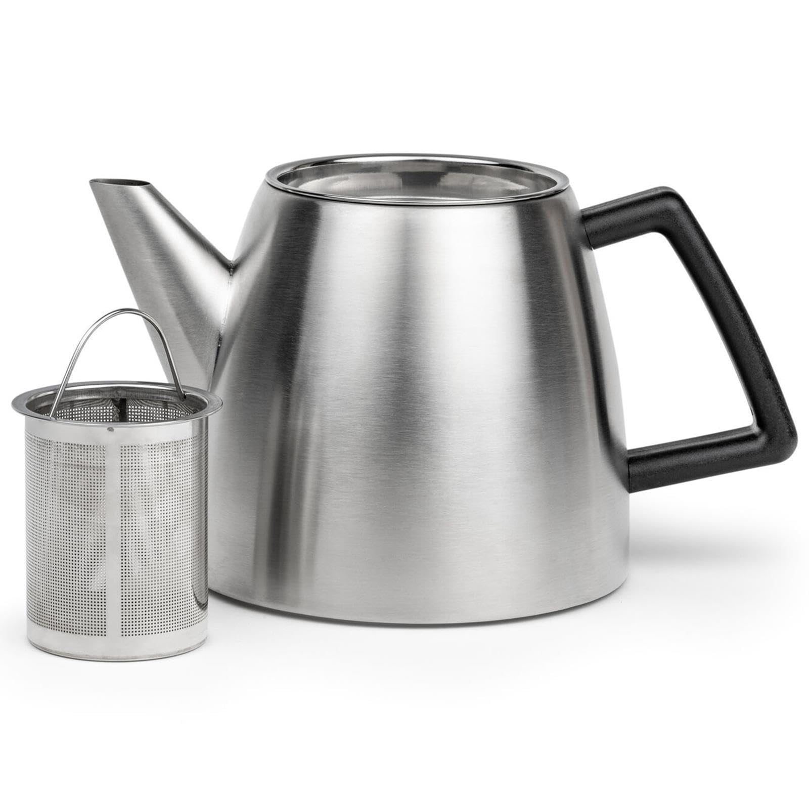 Bredemeijer Edelstahl Teekanne 1.1 Liter - kleine doppelwandige matt-silberne Edelstahlkanne mit Teefilter & schwarzem Holzuntersetzer