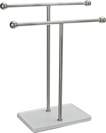 Amazon Basics 1005573-670-A60 - Toallero de doble T con soporte para joyas, color níquel y blanco