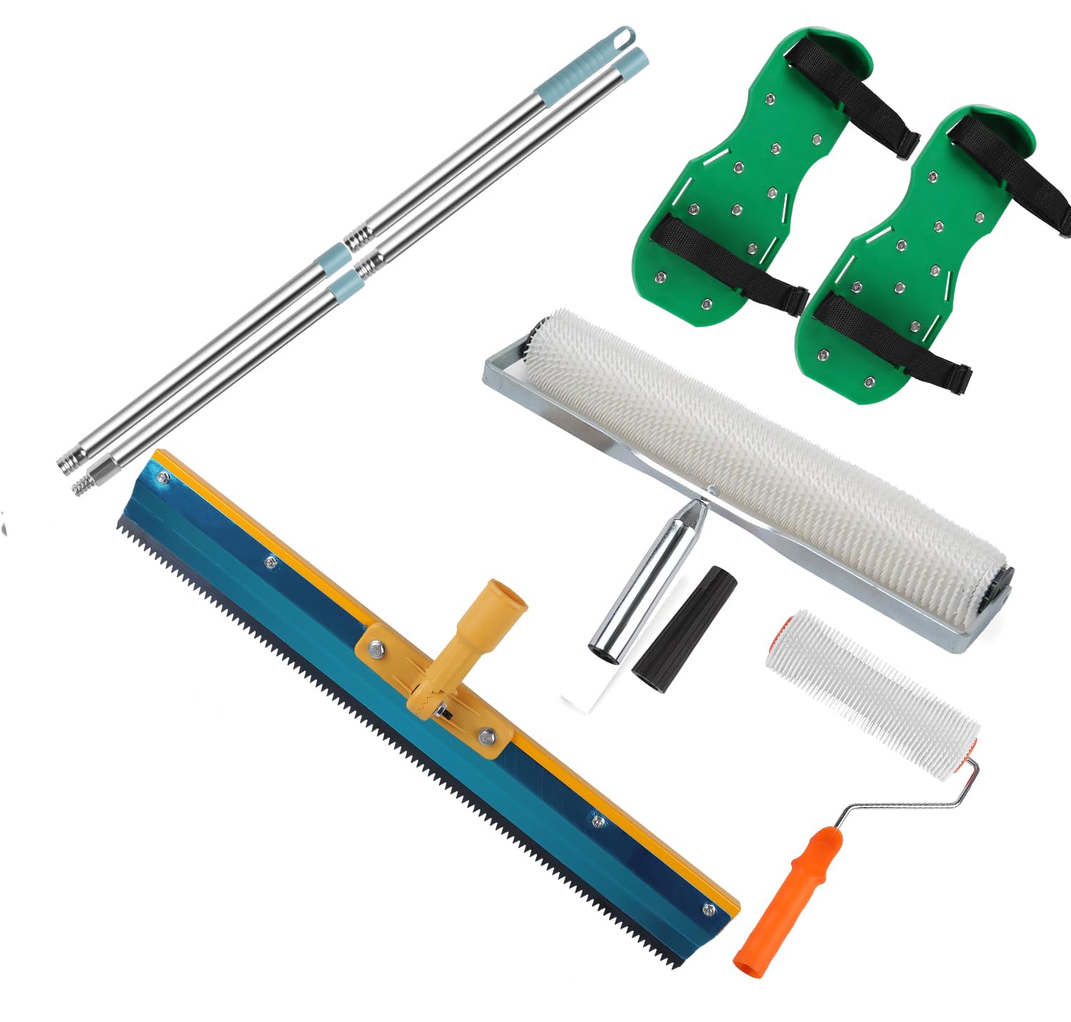 EXLECO Kit de Herramientas de Autonivelación de Cemento, Pertiga Telescopica, 50CM + 23CM Rodillo Antiespumante Autonivelante, 30 MM Zapatos con Pinchos para Cesped, 56CM Rascador de Acero Inoxidable
