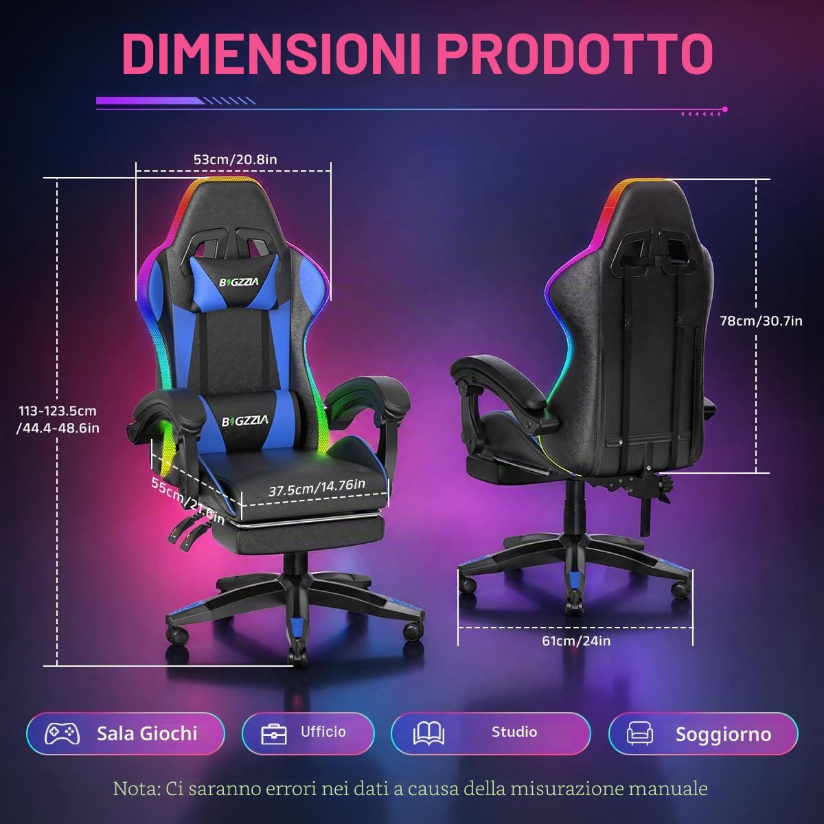 bigzzia Sedia Gaming, Sedia Ergonomica con LED per Videogiochi, Sedia da Gioco con Cuscino Lombare Massaggiante e Poggiatesta per Giocare, Studiare e Lavorare in Ufficio (Blu)