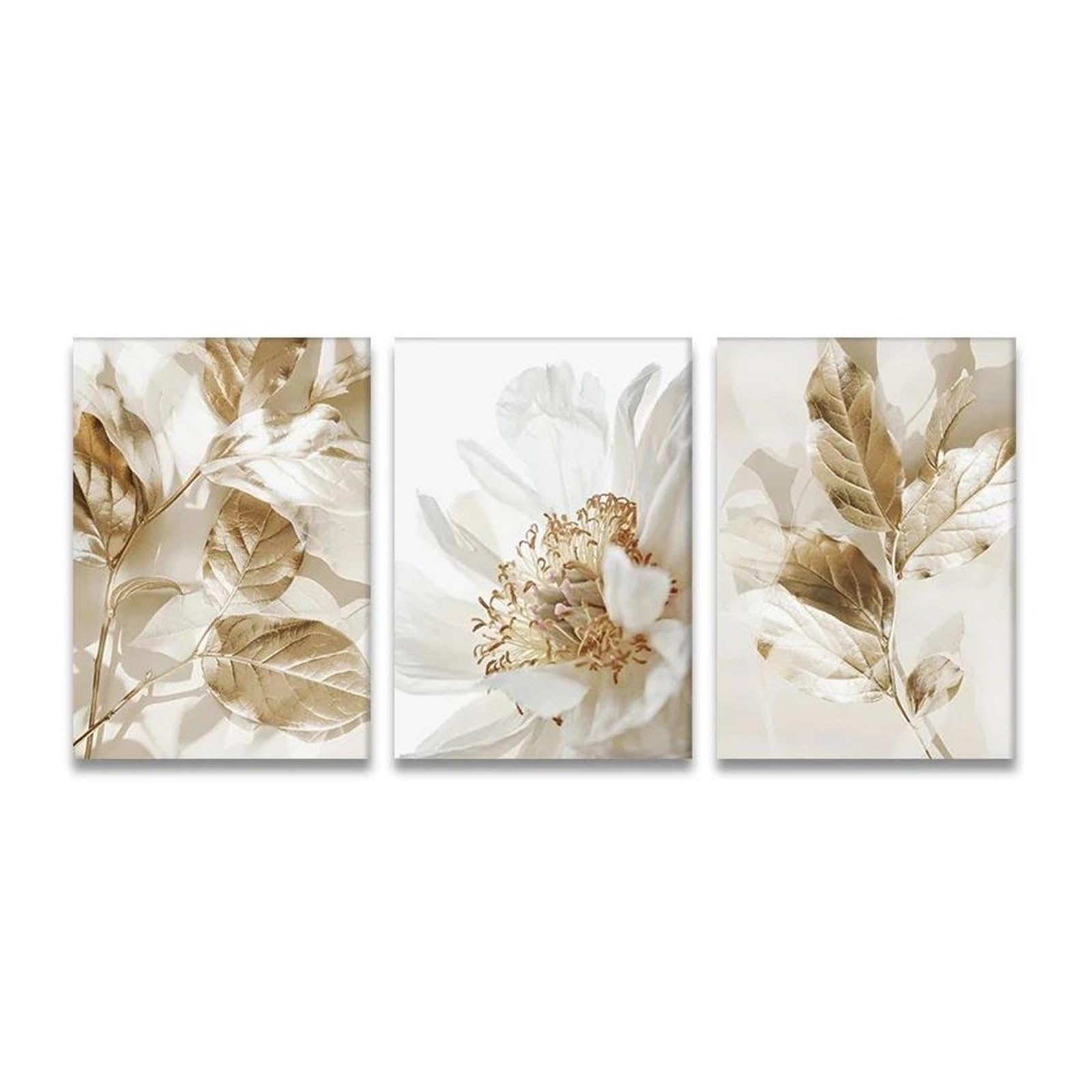 Tableau feuille dorée et fleur blanche 40x50cm pour salon moderne