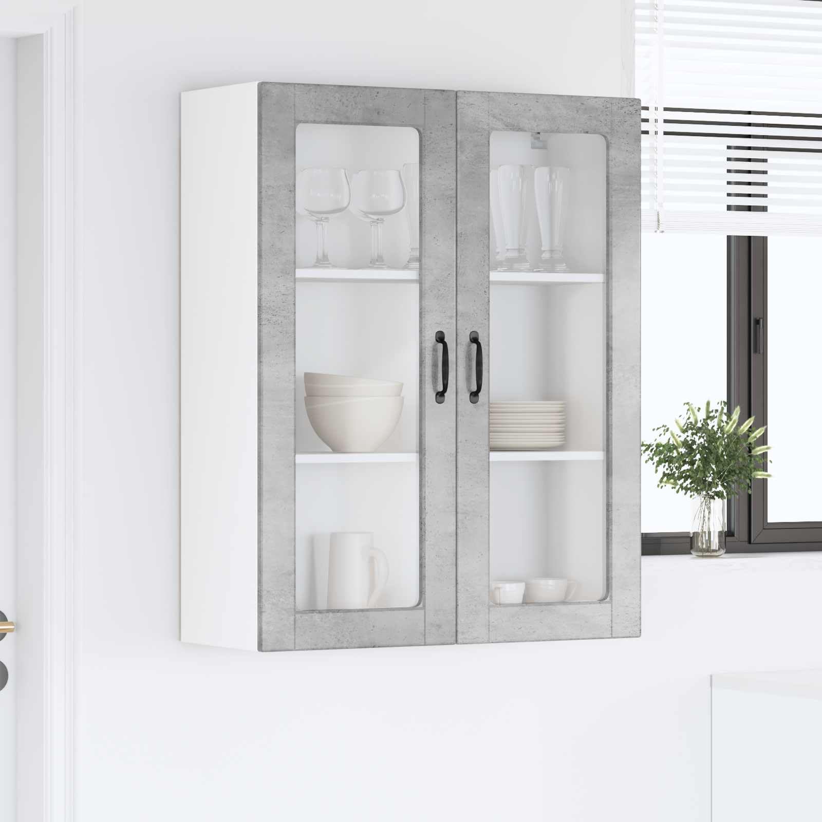 Wandschrank für Küche, Holz, 80 x 31 x 100 cm, Betongrau | Robustes Maschinenholz, mehrere Regale, Aufbewahrung von Geschirr, Pflege mit feuchtem Tuch