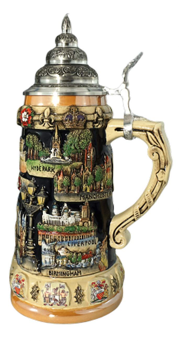 KING Boccale da Birra tedesco Panorama dall'Inghilterra 0,75 litri, cobalto, dipinto a mano, con coperchio