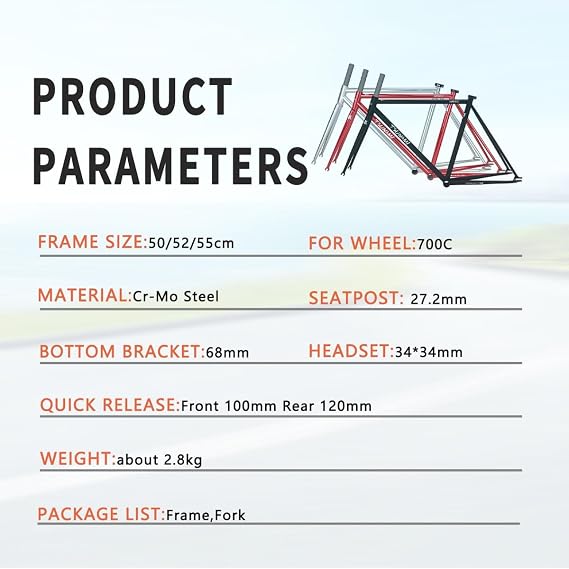 700C Cr-Mo Steel Fixed Gear Bicycle Frame, Size 50/52/55cm, Single Speed, Track Frame, 100mm/120mm Quick Release Axle, 68mm Bottom Bracket with Fork Black, 52cm