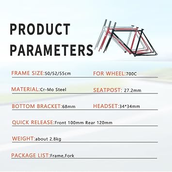 700C Cr-Mo Steel Fixed Gear Bicycle Frame, Size 50/52/55cm, Single Speed, Track Frame, 100mm/120mm Quick Release Axle, 68mm Bottom Bracket with Fork Black, 52cm