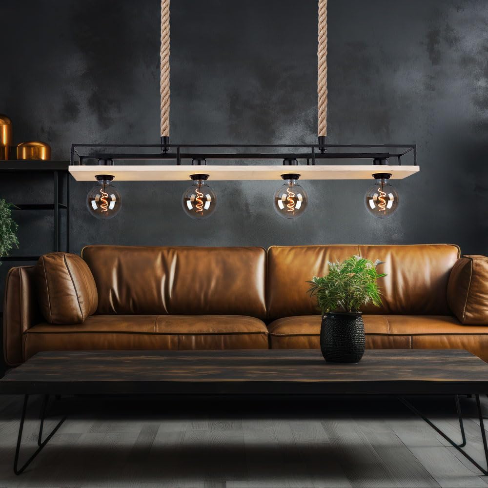 Hängelampe Holzleuchte Deckenleuchte Wohnzimmer Pendelleuchte mit Hanfseil, Metallrahmen mit Ablage schwarz, 4x E27, LxH 95x120 cm