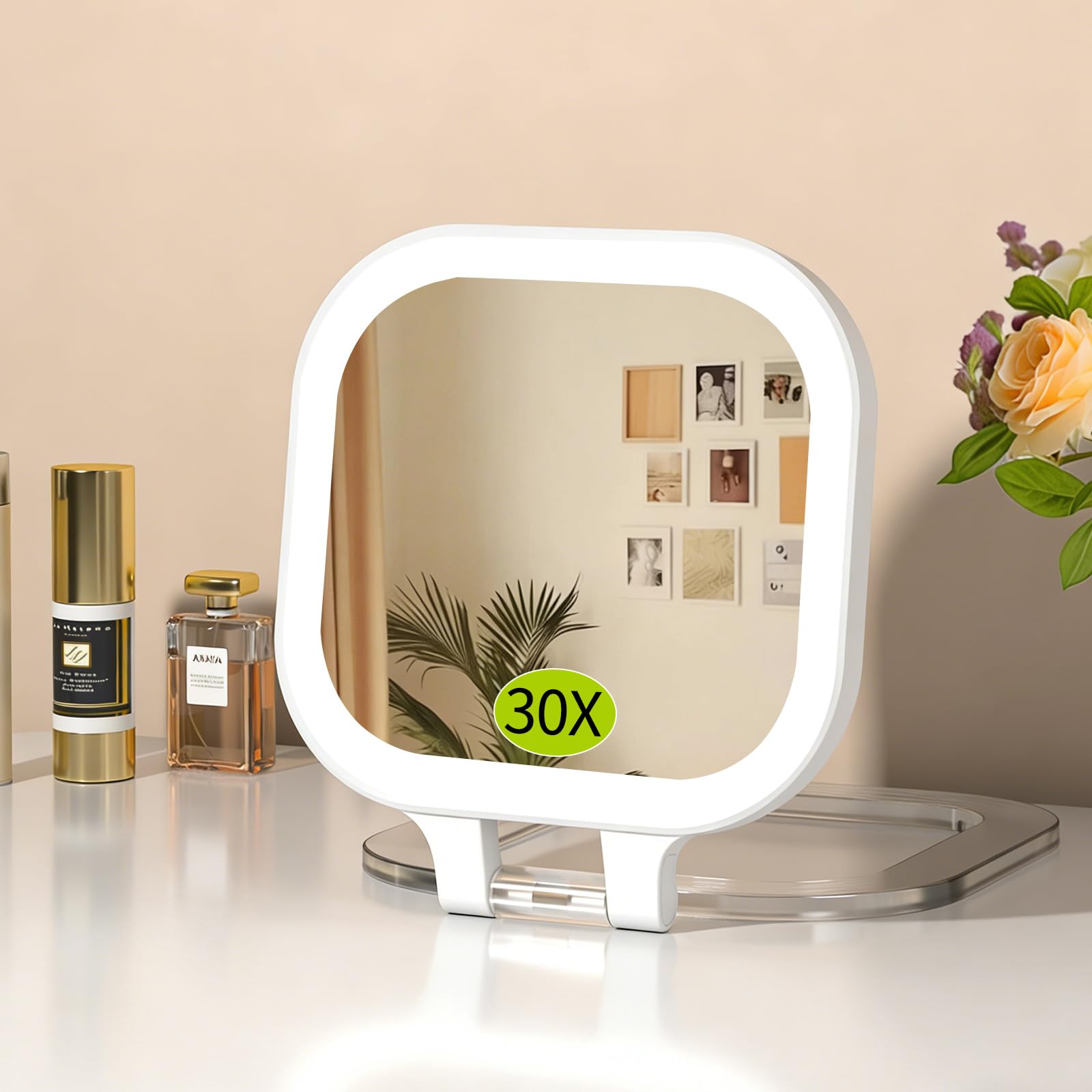 FUNTOUCH 4inch 1x 30x Magnifying Travel Makeup Mirror with Lights, Rechargeable Lighted Compact Mirror with Light, 3 Color Lighting, Double Sided