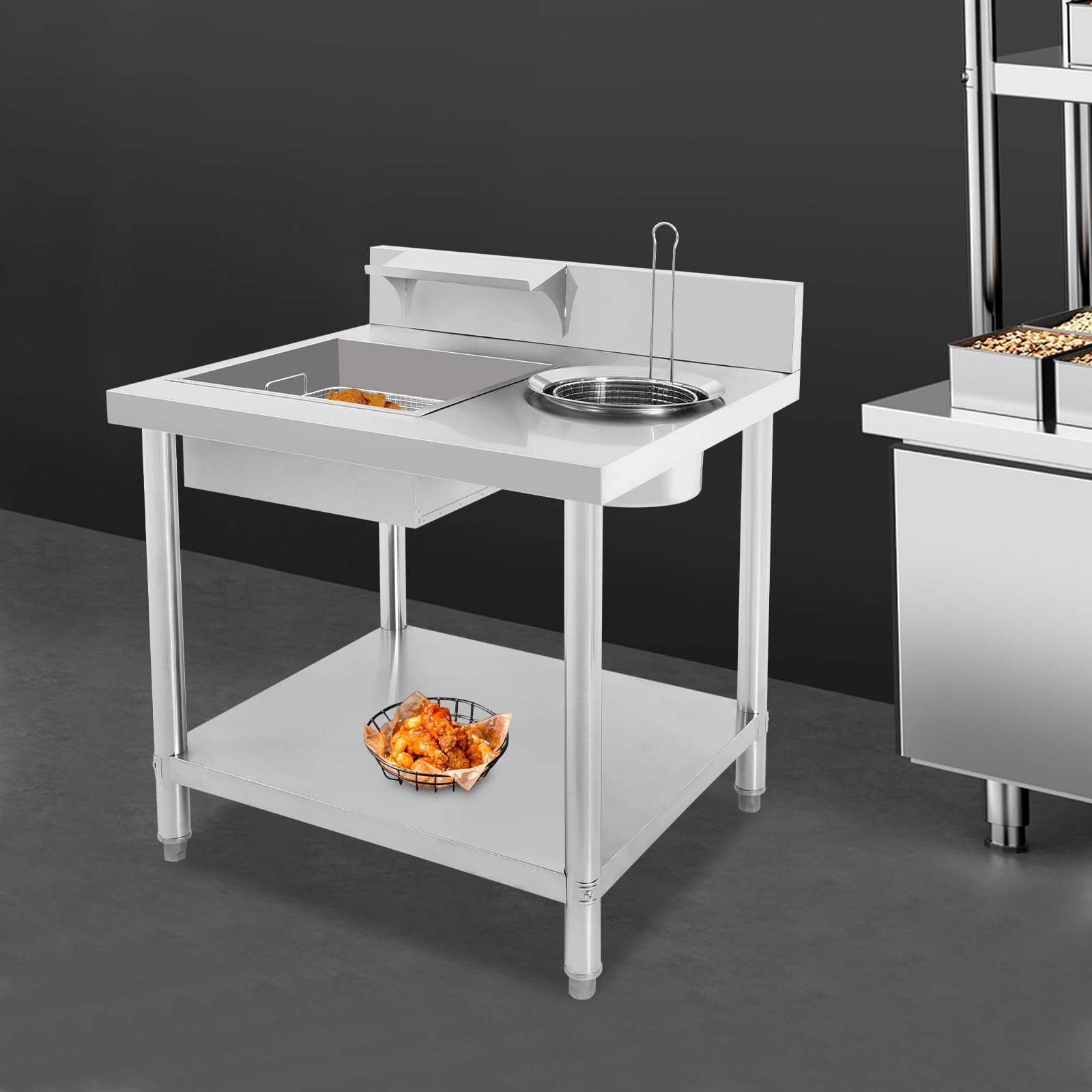 Tavolo per la preparazione di pollo fritto con 2 vasche da bagno, 2 cesti e ripiano inferiore, piano di lavoro in acciaio inox per ristoranti di pollo fritti, ristoranti fast food