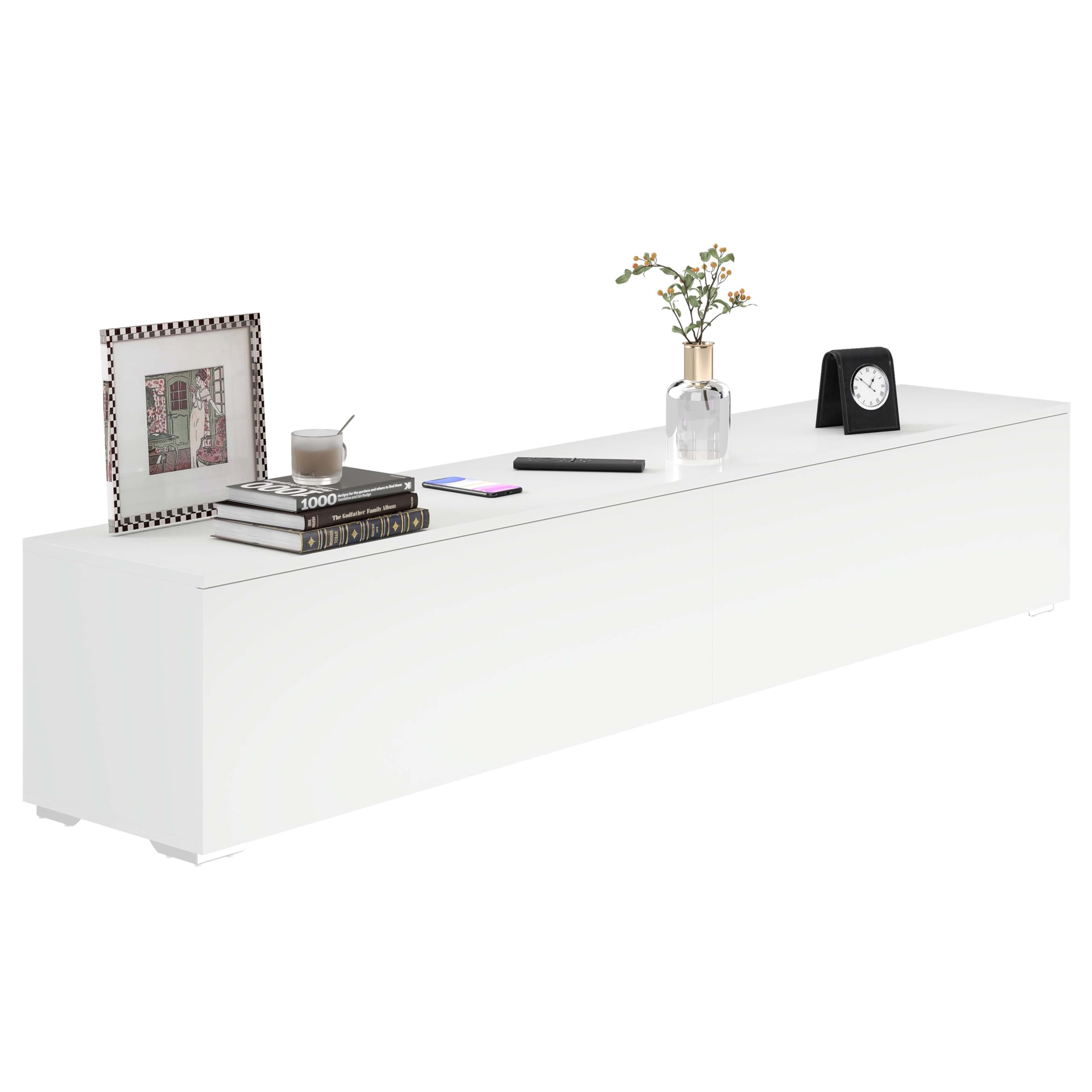 Lowboard mit Fächern, TV Board für Wohnzimmer, Sideboard Weiss, Moderne TV Lowboard, Lowboard Hängend