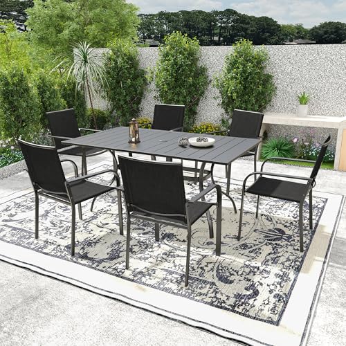 Anmutig 7-Piece Outdoor Patio Dining Set, 6 Stackable Patio Chairs & Rectangular Dining Table with All Weather Frame Furniture Set - Black