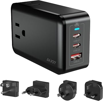 European Travel Plug Adapter Kit, 65W GaN3 International Detachable Charger with 3 AC Outlets, 2 USB-C, 1 USB-A, 5ft Extension Cord, Universal All-in-One Power Converter for EU, AUS, UKType B/C/I/G