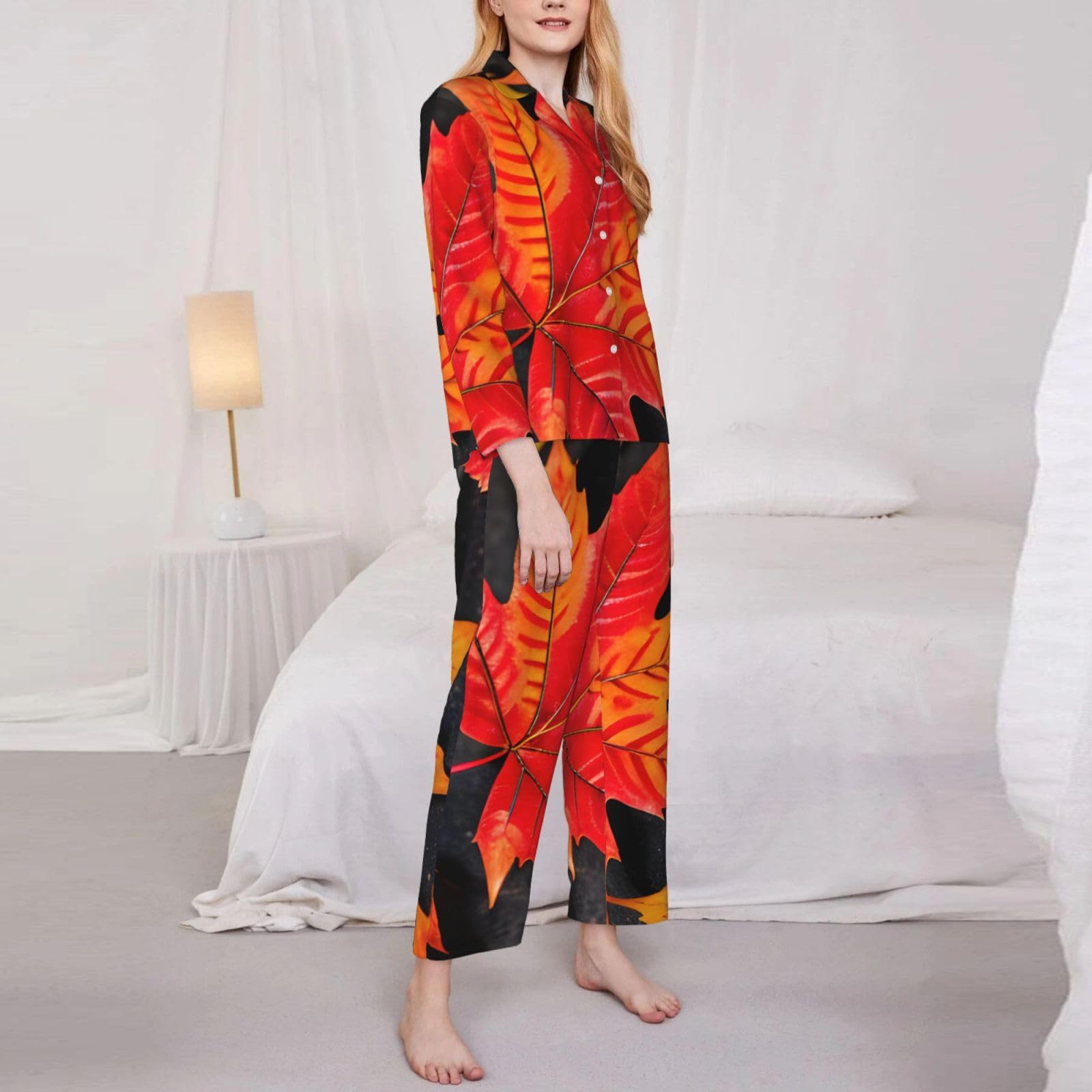 Autunno Foglie Rosse Stampa Delle Donne A Maniche Lunghe Pigiama Set Lounge Sleepwear Accogliente Nightwear Loungewear Tutti