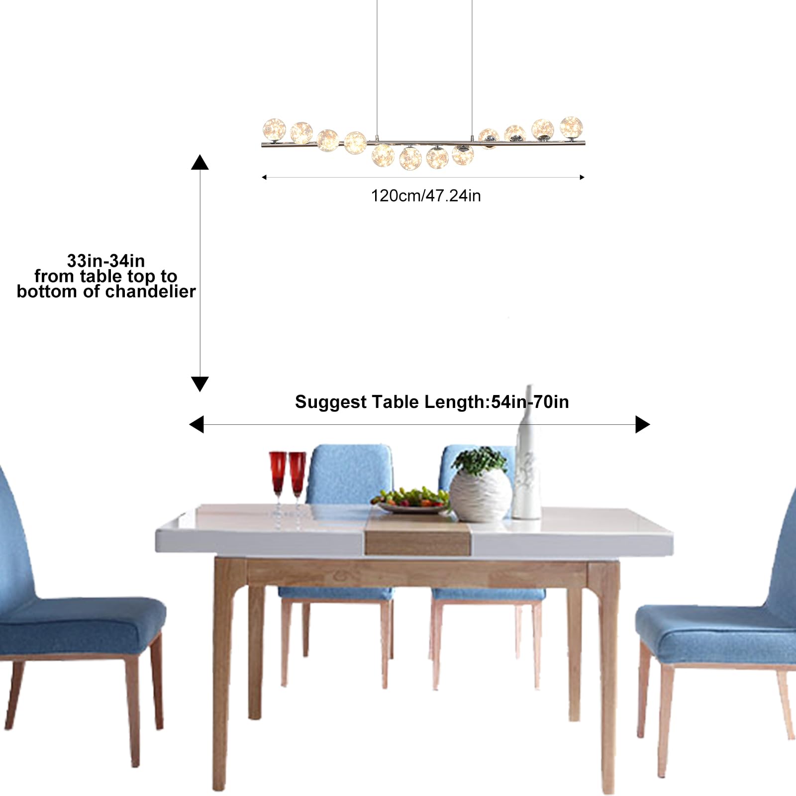 GEADI LED Lampadario Cromato, 120CM Lampada a Sospensione Moderna per Tavolo da Pranzo con 12 Globi di Vetro, Plafoniere a Soffitto Regolabile, Lampadari Lungo per Sala da Soggiorno, Cucine, Salotto