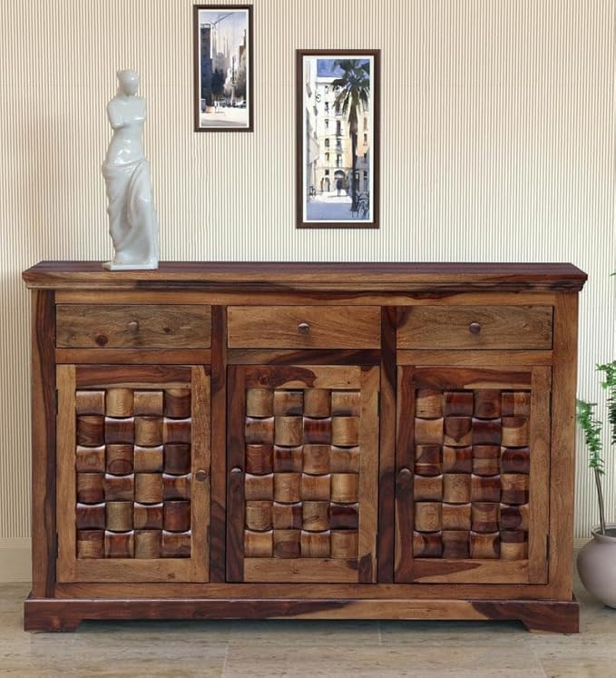 Image of SHIKHA WOOD CRAFT Solid Sheesham Wood Sideboard Cabinet With 3 Drawer and 3 Door Storage | Wooden Multipurpose Cabinet Storage Furniture for Living Room, Office, Home, Kitchen (Provincial Teak Finish)
