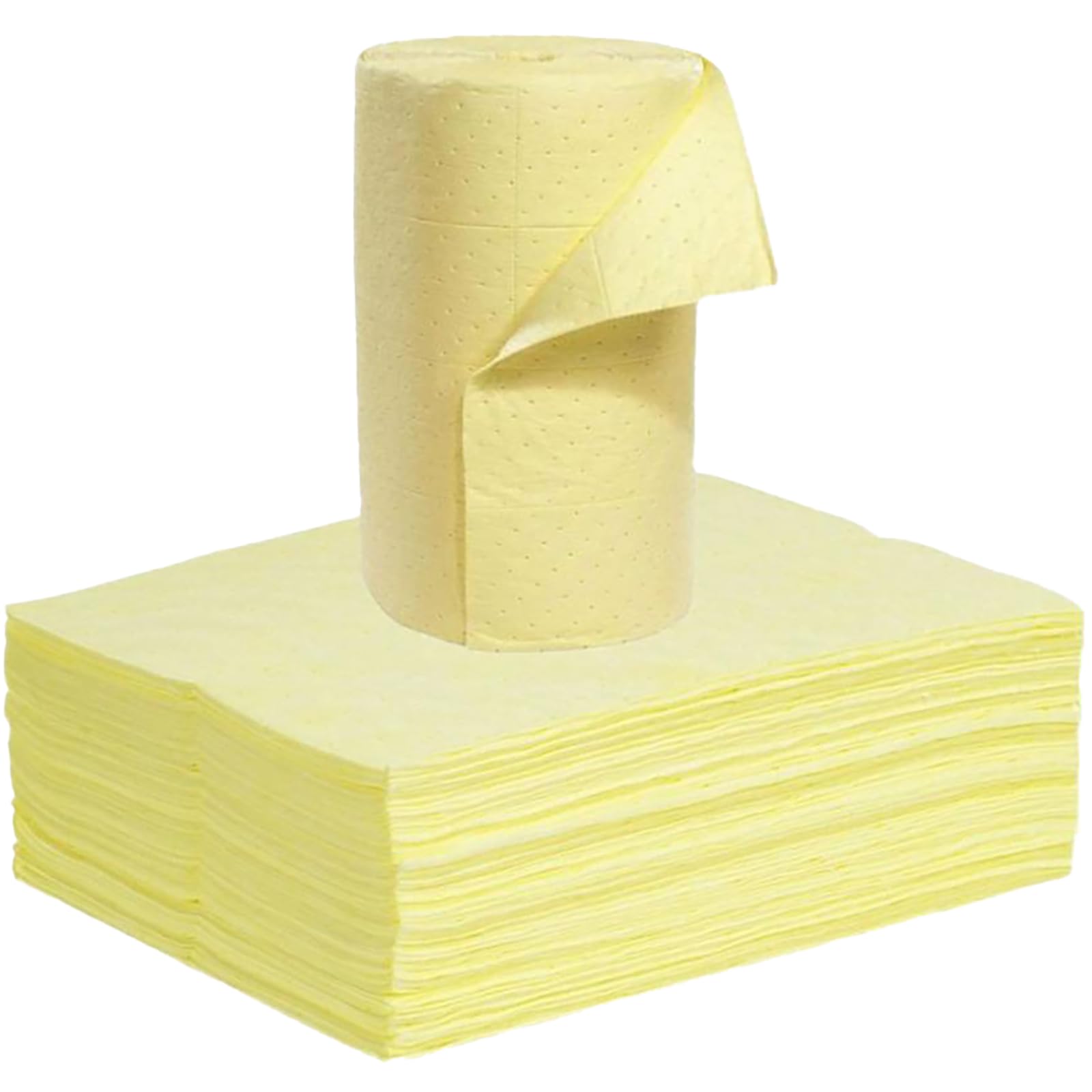 Almohadillas absorbentes de aceite, Almohadillas absorbentes de aceite, agua, ácidos y álcalis, paquete de 50/100, 40 x 50 cm y rollo de 0,4 x 50 m, amarillas, varios tamaños de 2 mm y 4 mm.(Pad+roll/