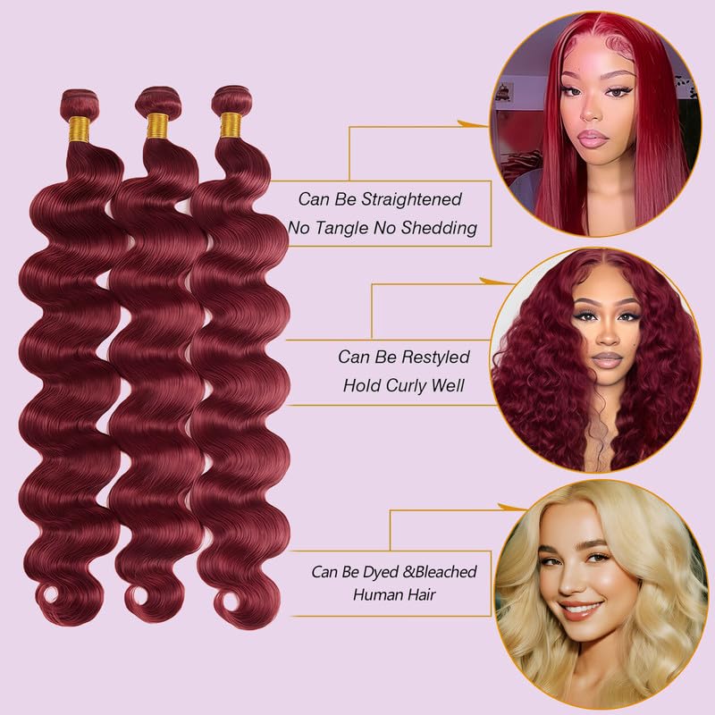 Burgundy Body Wave Bundles Human Hair 16 18 20 Inch Wine Red Bundles Human Hair Extension Brazilian 3 Bundles Human Hair Burgundy Red 100G/Bundle Color 99J