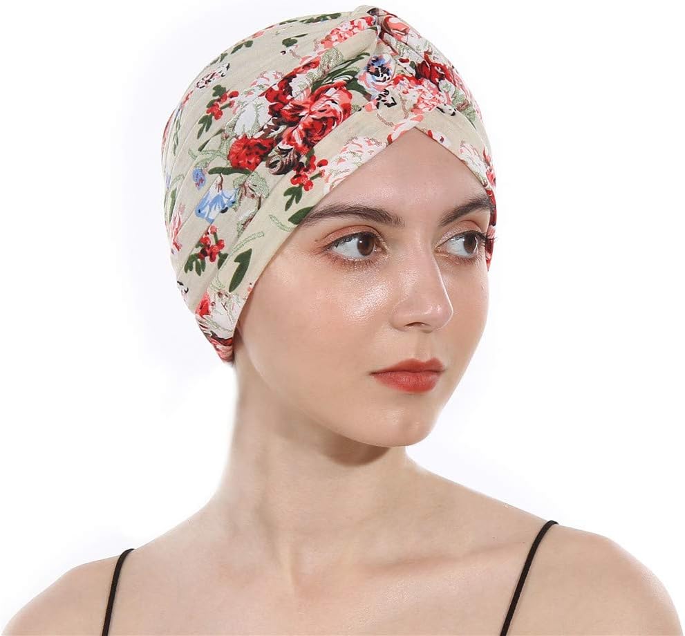 DuoZanWomen’s Cotton Turban Elastic Beanie Printing Sleep Bonnet Chemo Cap Hair Loss Hat