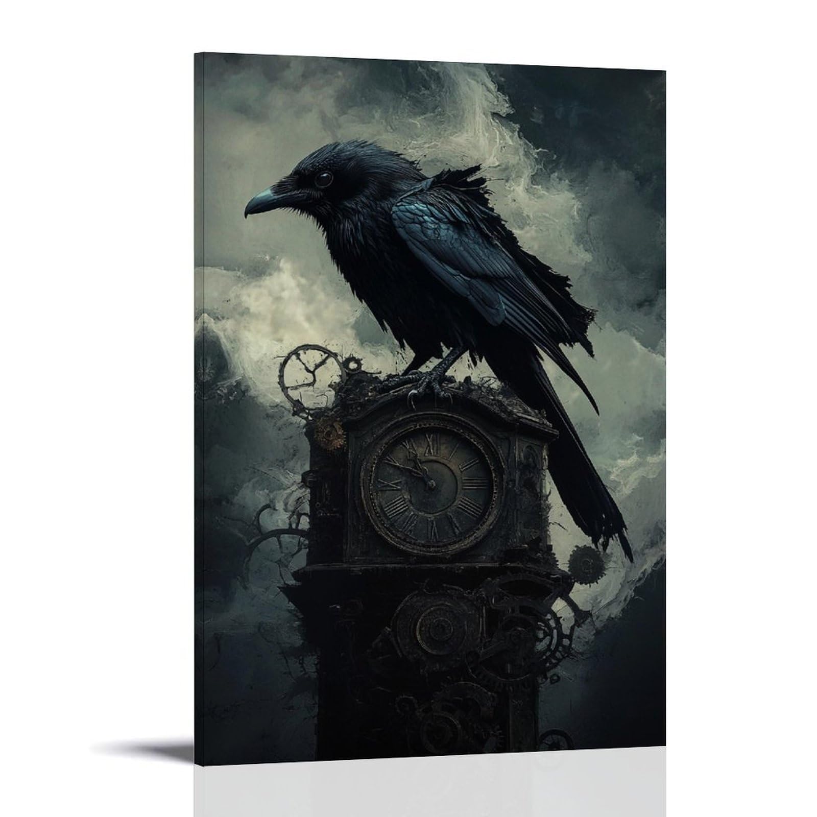 Dark Fantasy Raven with Obsidian Feathers, Perched on A Broken Clock Tower, Cogs And Shadows Swirling Around It. Wall Art Mural Modern Decoration Hanging Art Poster 16x24inch(40x60cm)