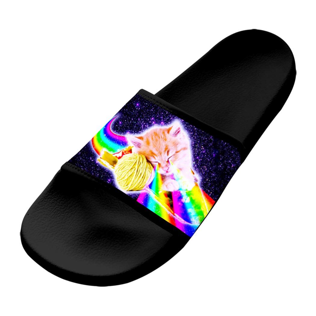 MEKIDA Summer Rainbow Space Cat Loves Wool Ball Soft Slipper, Bath 3D Print House Shoes
