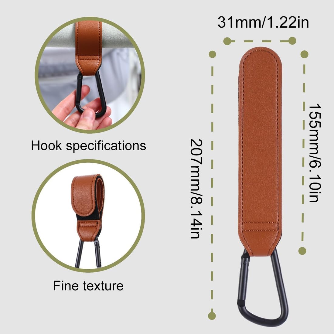 2 Pezzi Ganci Passeggino, Pelle Ganci, Gancio per Borsa Spesa, Ganci per Passeggino Universale, Moschettoni per Carrozzina, Per Carrozzina Bici Auto Carrello Appendi Sacchetti (Marrone/scuro)