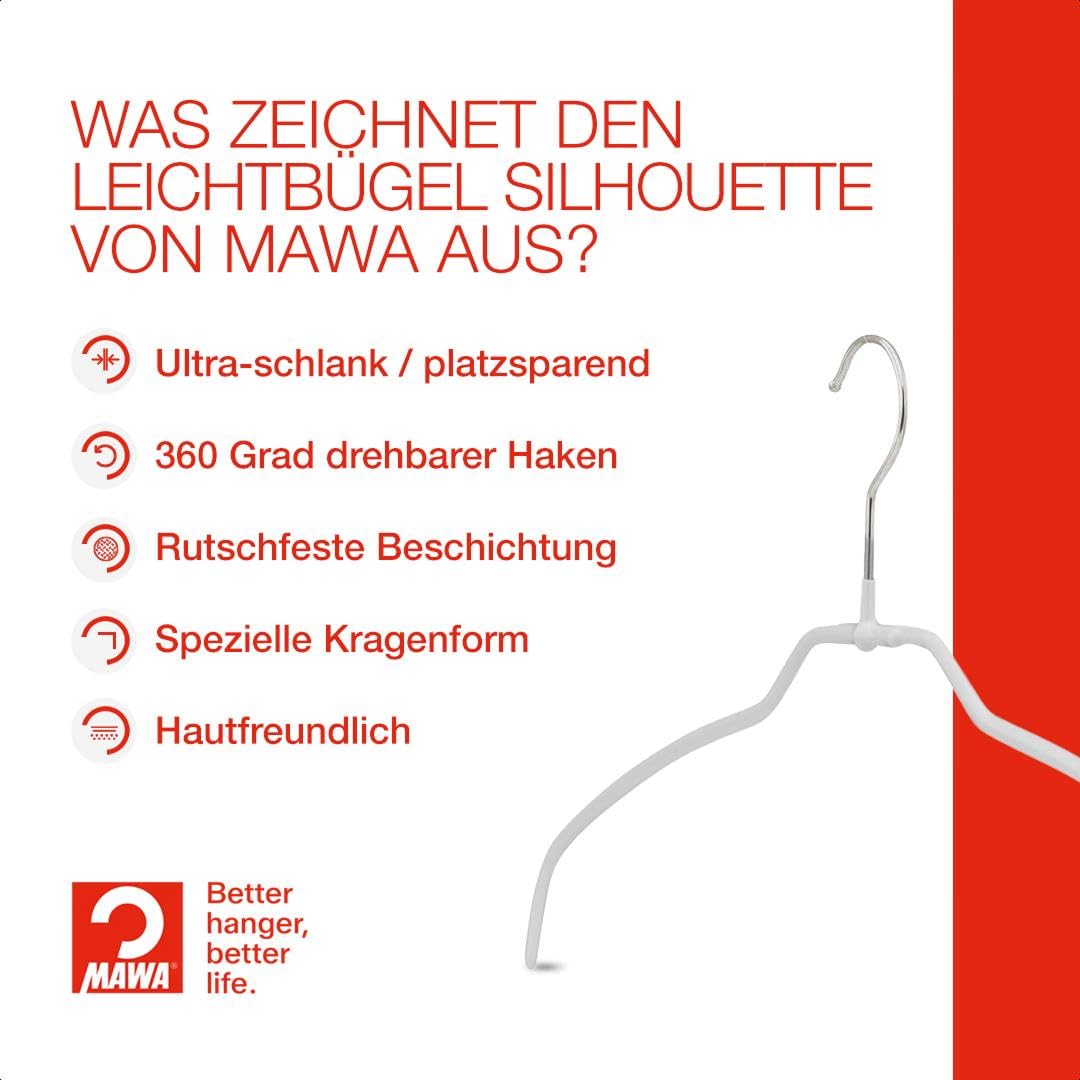 MAWA Kleiderbügel Light, Set mit 100 platzsparenden und rutschfesten Bügeln, ideal für Hemden und Blusen, mit 360° drehbarem Haken und Antirutschbeschichtung, 42 cm, Weiß