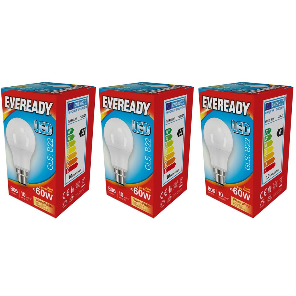 9.6w (60w) ES - Edison Screw (E27) Opal [3 Pack] LED GLS 3000k Warm White - 806 Lumens (Eveready s13624)