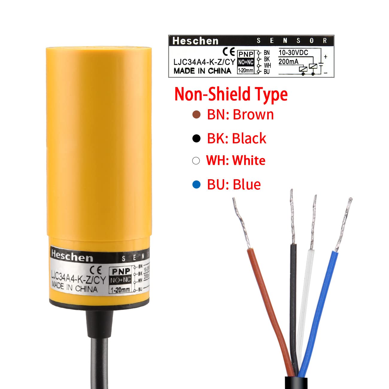 Heschen Interrupteur de capteur de proximité capacitif de 34 mm de diamètre, type non-bouclier, LJC34A4-K-Z/CY, détecteur 1-20 mm, 10-30 VDC 200 mA, PNP NO+NC, 4 fils, certifié CE